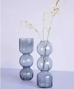 Hubsch Smoked Grey Double Bubble Glass Vase Wide Neck