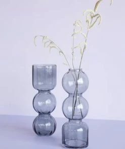 Hubsch Smoked Grey Double Bubble Glass Vase Narrow Neck