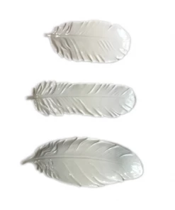 Hubsch Tray, Feather, Ceramics, White, Set of 3