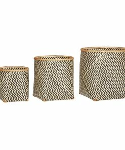 Hubsch Set of 3 Round Bamboo Baskets with Black Zig Zag Pattern