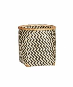 Hubsch Round Bamboo Basket with Black Zig Zag Pattern in Small