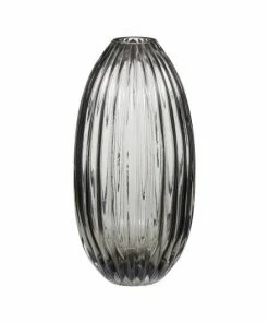 Hubsch Large Round Ribbed Clear Glass Flower Vase - Smoked Glass
