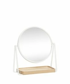 Hubsch Miroir De Table En Métal Blanc Et Plateau En Bois