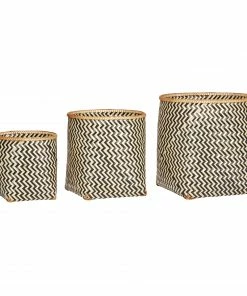 Hubsch Round Bamboo Basket with Black Zig Zag Pattern in Small
