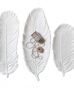Hubsch Tray, Feather, Ceramics, White, Set of 3